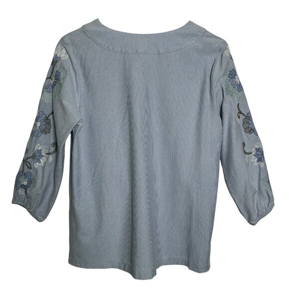 J. Jill Blue Striped Floral Embroidered Top Sz Small Cotton Coastal 3/4 Sleeve - Picture 2 of 11